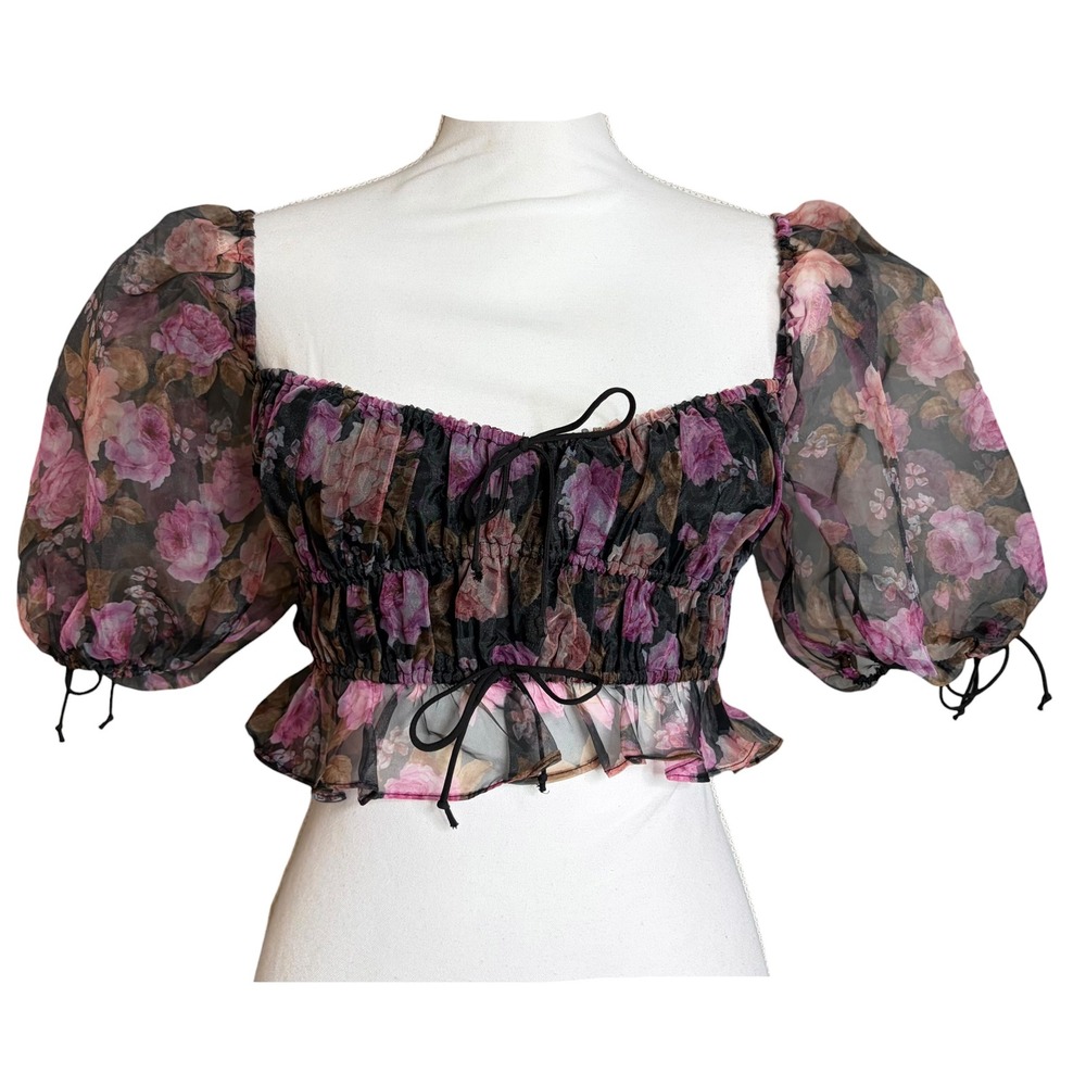 For Love & Lemons Sunshine Crop Top XS Purple Floral Sheer Whimsigoth Coquette